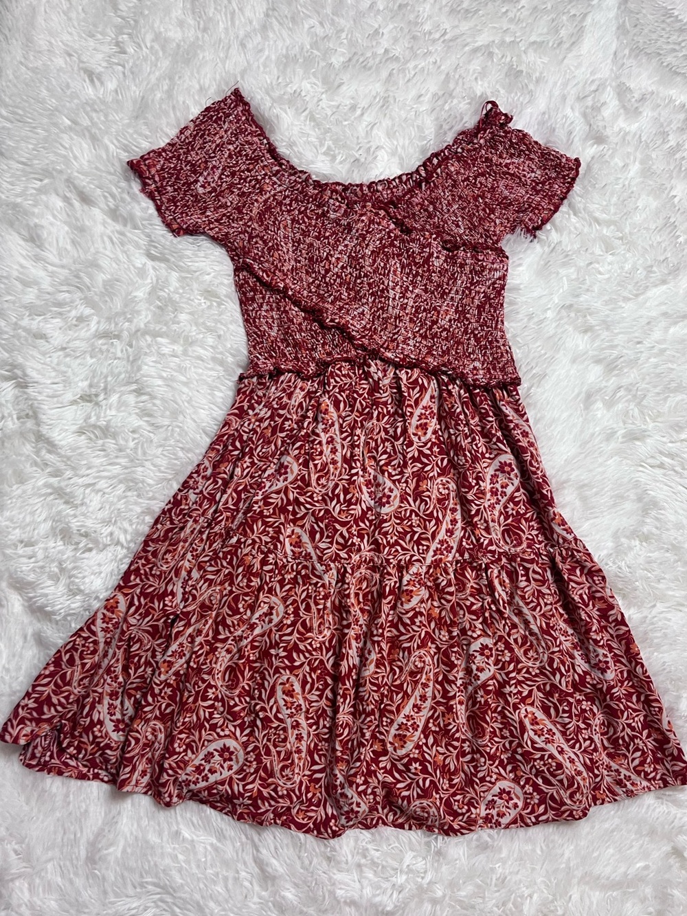 Angie Red Multi Smocked Off-Shoulder Dress